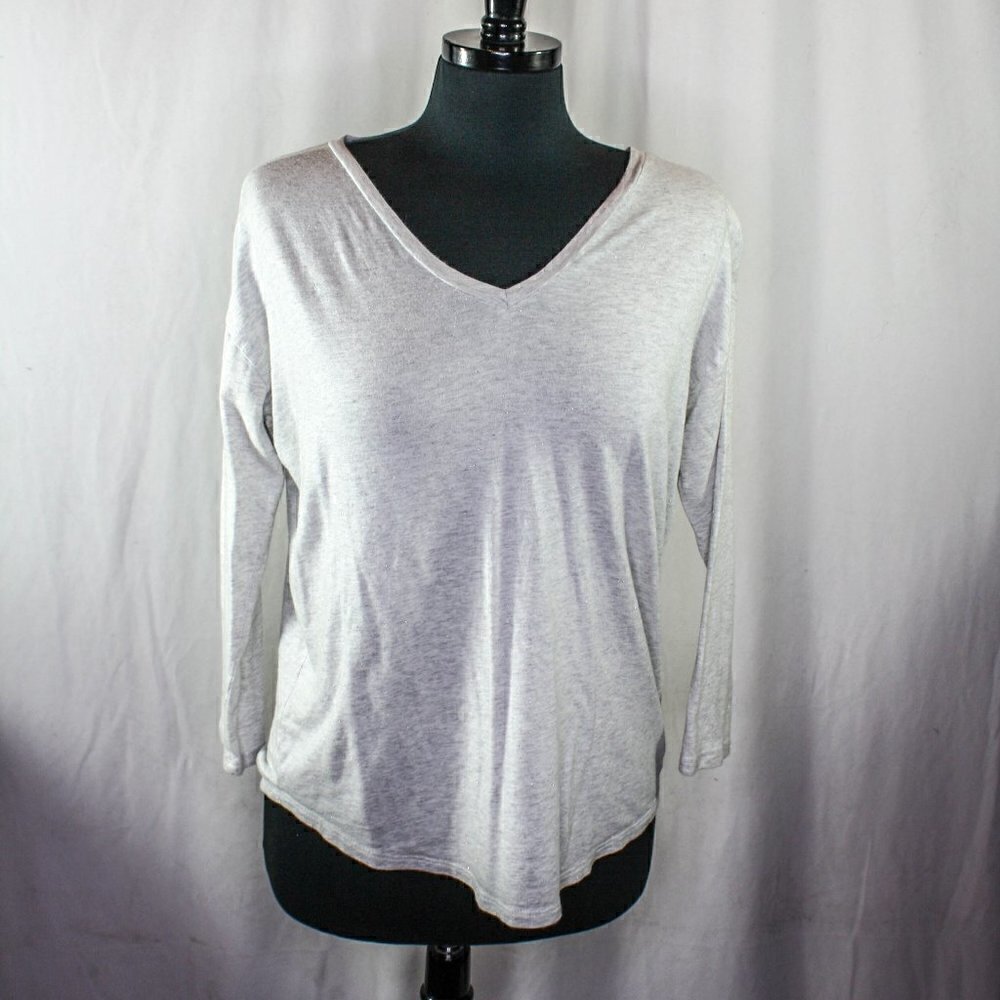 LOFT T Shirt 3/4 Length Sleeves V Neck Gray White Metallic Silver Size S